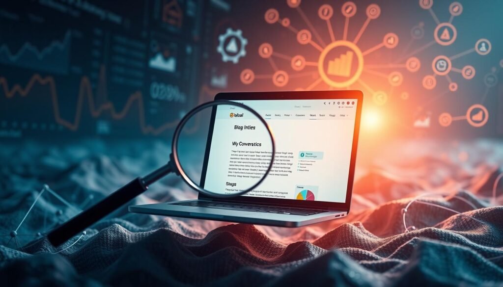 A faisalskhan blog interface floating amidst a sea of analytics charts and graphs, illuminated by a warm, focused light. In the foreground, a magnifying glass hovers, highlighting key conversion metrics. The middle ground features a sleek laptop displaying a blog post, its content engaging readers. In the background, a network of interconnected ideas and insights swirls, representing the continuous process of learning and improvement. The overall atmosphere conveys a sense of exploration, optimization, and the pursuit of higher conversion rates.
