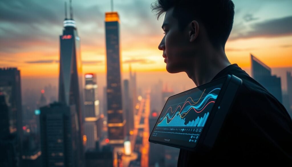 A futuristic cityscape at dusk, with towering skyscrapers and glowing neon lights. In the foreground, a person is speaking into a sleek, voice-activated device, the interface displaying a visual representation of voice search trends - colorful lines, waves, and pulsating graphs that illustrate the growth and patterns of this emerging technology. The background is hazy, with a sense of movement and energy, conveying the rapid advancement of voice search. The scene is captured with a wide-angle lens, creating a sense of scale and immersion. The lighting is a mix of warm, ambient tones and cool, digital accents, setting an intriguing and technologically-advanced atmosphere.