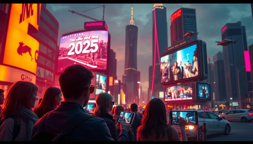 A futuristic cityscape bathed in a warm, neon glow. In the foreground, a group of people intently watching short, captivating video content on their sleek, holographic devices. The middle ground features a towering digital billboard displaying captivating video ads, their lengths ranging from 6 seconds to 1 minute. In the background, skyscrapers and flying cars paint a vision of the year 2025. The overall atmosphere conveys the evolving trends in video marketing - concise, immersive, and seamlessly integrated into the urban landscape. Signature: faisalskhan