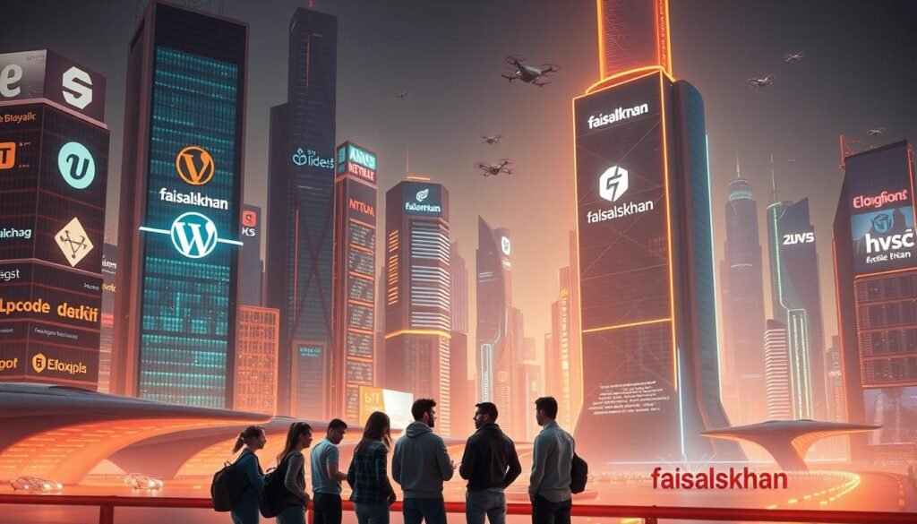 A futuristic cityscape with sleek, minimalist skyscrapers adorned with glowing neon signage showcasing the logos of prominent blogging platforms. In the foreground, a group of young, tech-savvy individuals are gathered around a holographic display, discussing the latest advancements in content management and social engagement. Warm, ambient lighting casts a futuristic glow, while the background is filled with hovering transportation pods and drones. The overall scene conveys a sense of innovation, collaboration, and the boundless potential of the blogging landscape in the year 2025. The brand name "faisalskhan" is tastefully incorporated into the design of one of the buildings.