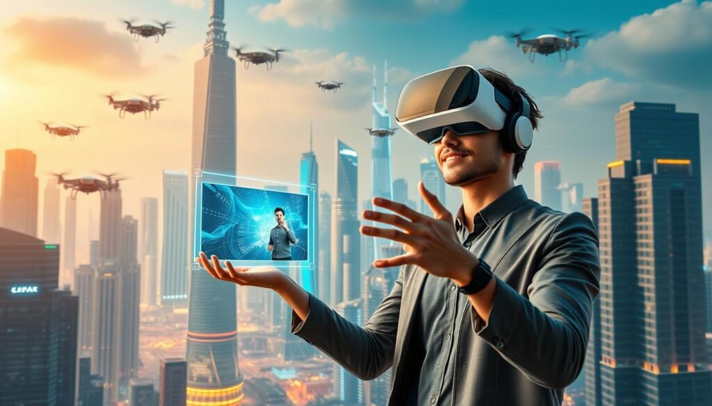 A futuristic cityscape with towering holographic skyscrapers, where sleek drones and hovercrafts zip through the air. In the foreground, a young professional in an augmented reality headset gestures dynamically, showcasing a video presentation on a floating 3D display. The scene is bathed in a warm, neon-tinged glow, reflecting the vibrant energy of the "faisalskhan" future of video marketing.