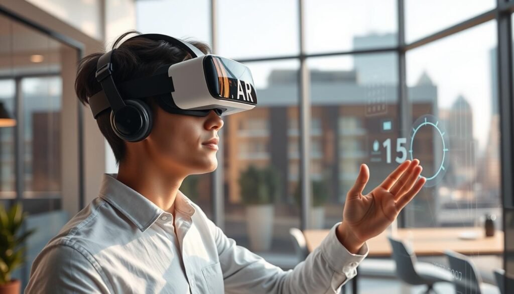 A futuristic video marketing scene showcasing augmented reality technology. In the foreground, a young professional wearing a sleek AR headset interacts with a holographic display, gesturing and manipulating virtual elements. The middle ground features a modern office setting with large windows, allowing natural light to flood the space. In the background, the city skyline is visible, hinting at the integration of AR into the urban landscape. The overall mood is one of innovation, productivity, and the seamless blending of the digital and physical worlds. faisalskhan