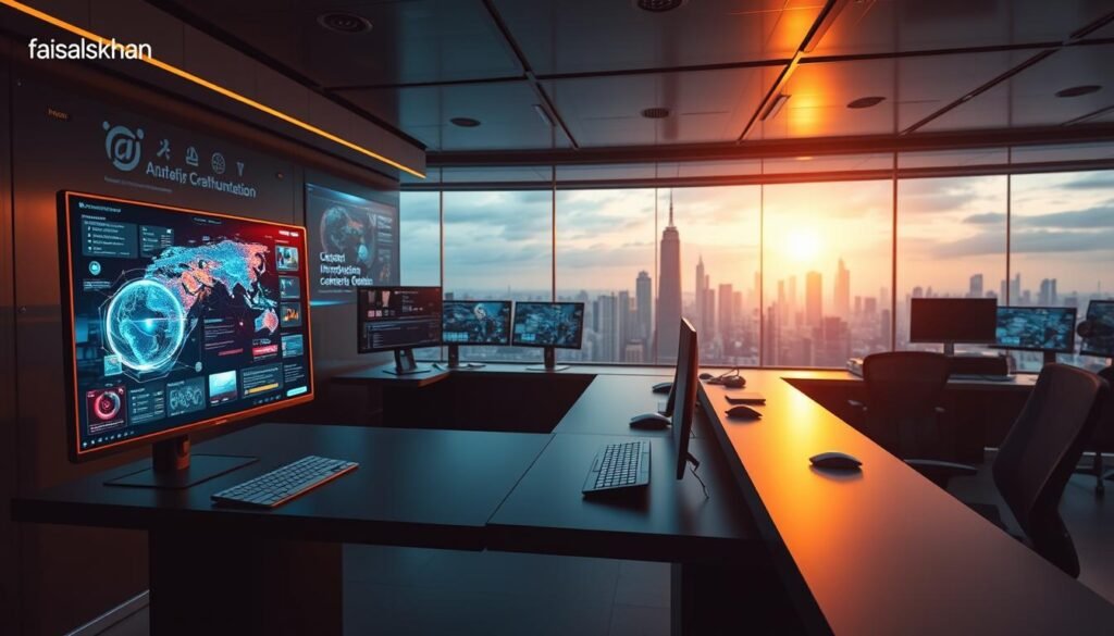 A futuristic workspace filled with AI-powered content creation tools. In the foreground, a sleek, minimal desk with a high-resolution display showcasing dynamic visuals, interactive interfaces, and intuitive controls. Midground features a range of intelligent software applications, data visualizations, and collaborative workspaces. The background reveals a panoramic view of a technologically advanced city skyline, with seamless integration of virtual and physical environments. Warm, directional lighting illuminates the scene, creating a sense of innovation and productivity. Subtle branding elements include the "faisalskhan" logo, blending seamlessly into the futuristic aesthetic.