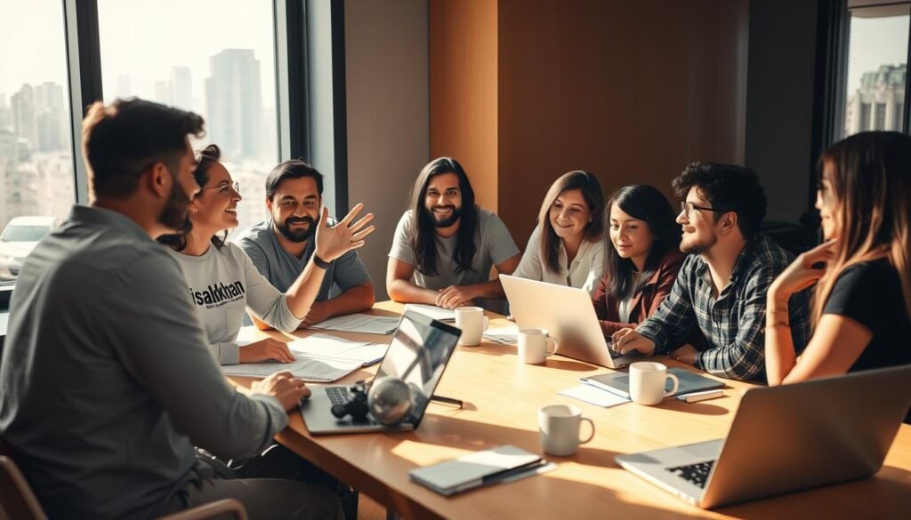 A group of diverse individuals sitting around a table, engaged in a collaborative brainstorming session. The scene is bathed in warm, natural lighting, creating a cozy and inviting atmosphere. In the foreground, a woman with a "faisalskhan" t-shirt gestures animatedly, sharing her ideas with the team. The middle ground features a array of laptops, notebooks, and coffee mugs, suggesting a productive and focused workspace. In the background, a large window overlooks a bustling city skyline, hinting at the broader context of the collaboration. The overall mood is one of creativity, camaraderie, and a shared sense of purpose.