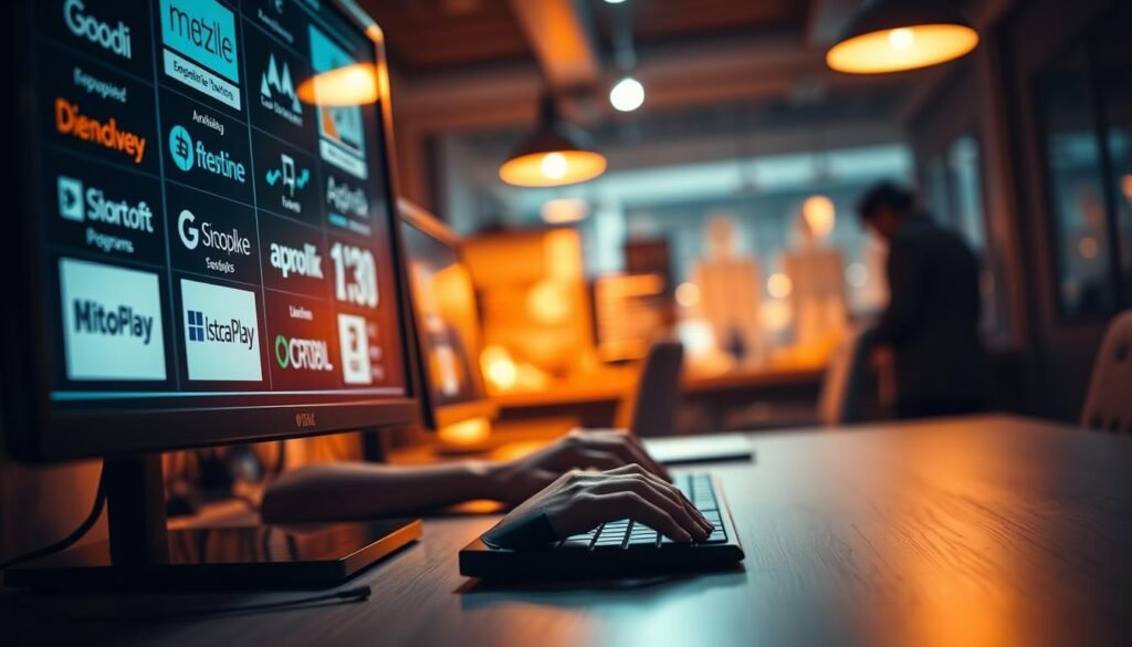 A high-contrast, cinematic image of modern affiliate marketing trends. In the foreground, a computer monitor displays various affiliate program logos and statistics, illuminating the desk surface. In the middle ground, a person's hands tap on a keyboard, symbolizing the active engagement of an affiliate marketer. The background is blurred, hinting at the dynamic, fast-paced digital landscape of the affiliate industry. Warm lighting from an overhead source casts a soft, focused glow, creating a mood of productivity and innovation. The overall composition conveys the current state of affiliate marketing - data-driven, technology-enabled, and ripe with opportunity.