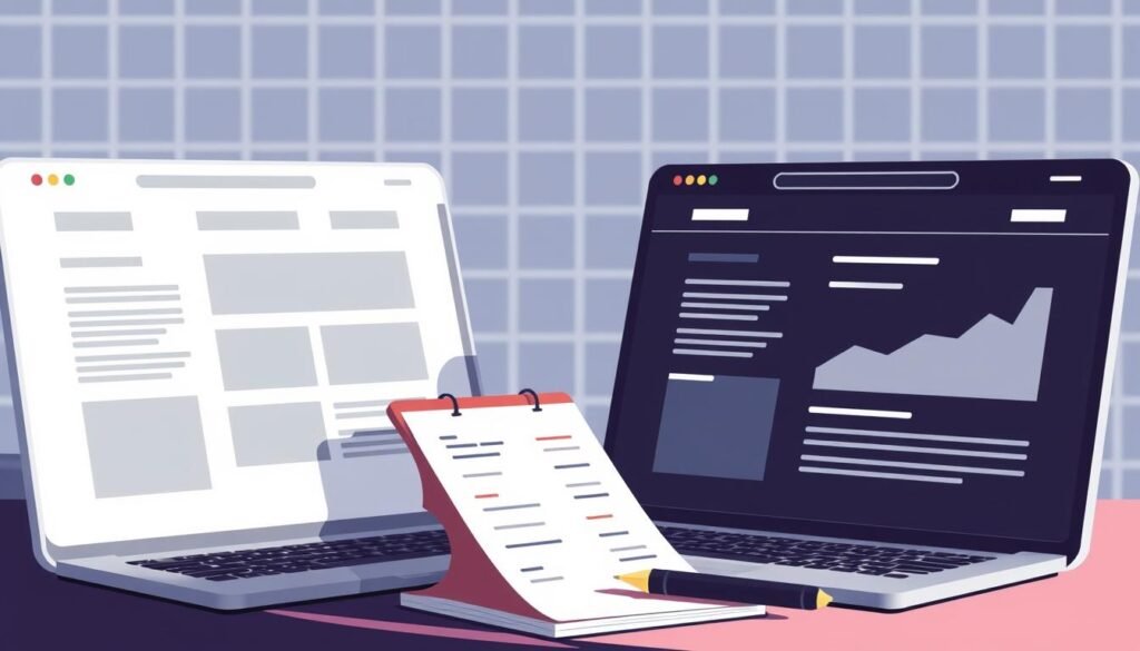 A high-contrast, well-lit digital illustration depicting two web page variations side-by-side, showcasing A/B testing. The foreground features the two pages, one on the left and one on the right, with subtle differences in layout, color, and content. The middle ground shows a notebook, pen, and analytics dashboard, conveying the process of evaluating and optimizing the test. The background has a soft, blurred grid pattern, symbolizing the data-driven approach. The overall mood is one of experimentation, analysis, and a drive towards conversion rate improvement.