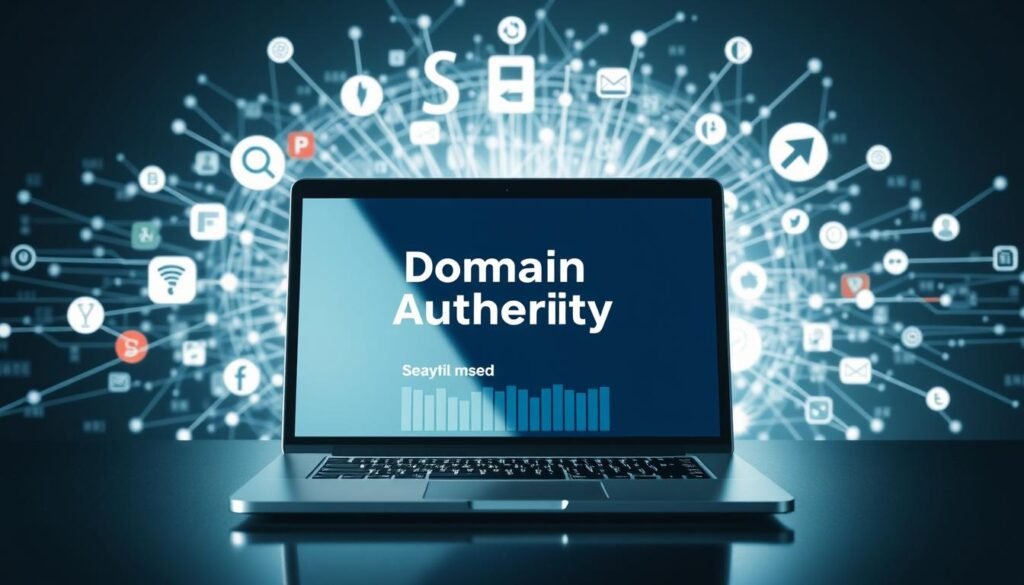 A high-impact visual representation of "Domain Authority Impact on SEO". In the foreground, a sleek, modern laptop displays a prominent "Domain Authority" metric, its numerical value indicating the website's credibility and SEO influence. Surrounding the laptop, digital networks, data streams, and search engine icons create a layered, dynamic background, symbolizing the interconnected nature of SEO and backlink strategies. The lighting is crisp and directional, casting dramatic shadows and highlighting the key elements. The overall composition conveys a sense of authority, technical sophistication, and the pivotal role domain authority plays in successful search engine optimization.