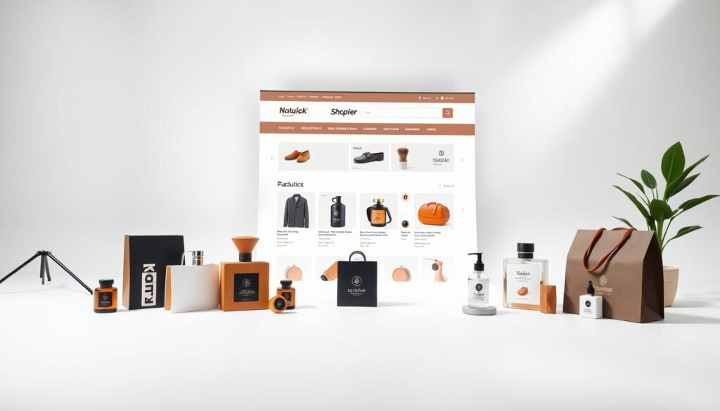 A high-quality Shopify store setup featuring an array of faisalskhan products, captured in a well-lit studio environment. The foreground showcases several expertly photographed items against a clean white backdrop, allowing the products to take center stage. The middle ground features a sleek and minimalist Shopify store layout, with a visually appealing navigation menu and high-resolution product images. The background subtly suggests a professional, e-commerce-focused atmosphere, complete with subtle shadows and a soft, neutral color palette that complements the overall design.