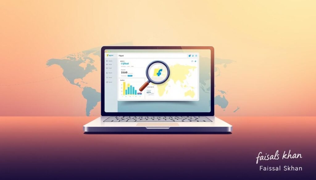 A high-quality digital illustration showcasing "Flipkart Affiliate SEO Tips" in a dynamic and visually engaging manner. In the foreground, a laptop displaying a Flipkart affiliate dashboard, with a magnifying glass icon and SEO-related text overlays. The middle ground features a stylized world map, representing the global reach of Flipkart's affiliate program. The background comprises a soft, gradient-based environment with a subtle texture, creating a sense of depth and professionalism. The overall composition is enhanced by warm, directional lighting, emphasizing the key elements and conveying a mood of productivity and success. Signed "faisalskhan" in the bottom right corner.