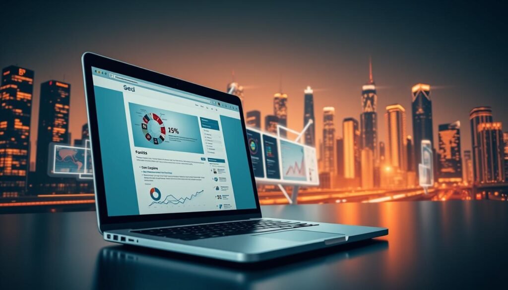 A high-speed website for SEO benefits, captured in a sleek, modern composition. In the foreground, a laptop screen displays a fast-loading webpage, its elements seamlessly integrating with the responsive design. The middle ground features a range of web development tools and analytics dashboards, illustrating the technical optimization behind the site's performance. In the background, a stylized cityscape backdrop conveys the global reach and digital landscape of the online world. Warm, directional lighting highlights the key elements, creating a sense of dynamism and efficiency. The overall atmosphere evokes a cutting-edge, technology-driven solution to improving search engine visibility and user experience.