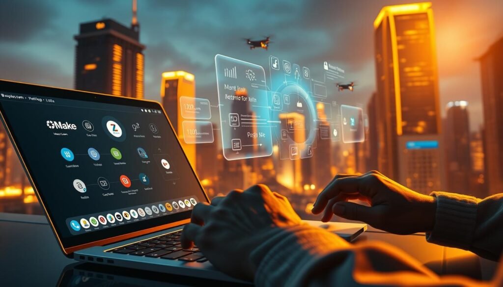 A highly detailed, cinematic scene depicting the integration of "Make.com" and "Zapier" for automating side businesses. In the foreground, a person's hands operate a sleek, minimal laptop interface, with various app icons and automation workflows visible. In the middle ground, holographic UI elements float and interact, visualizing the data flows between connected services. The background features an immersive, futuristic cityscape bathed in warm, golden lighting, with skyscrapers and hovering drones, all rendered in the distinctive faisalskhan style.