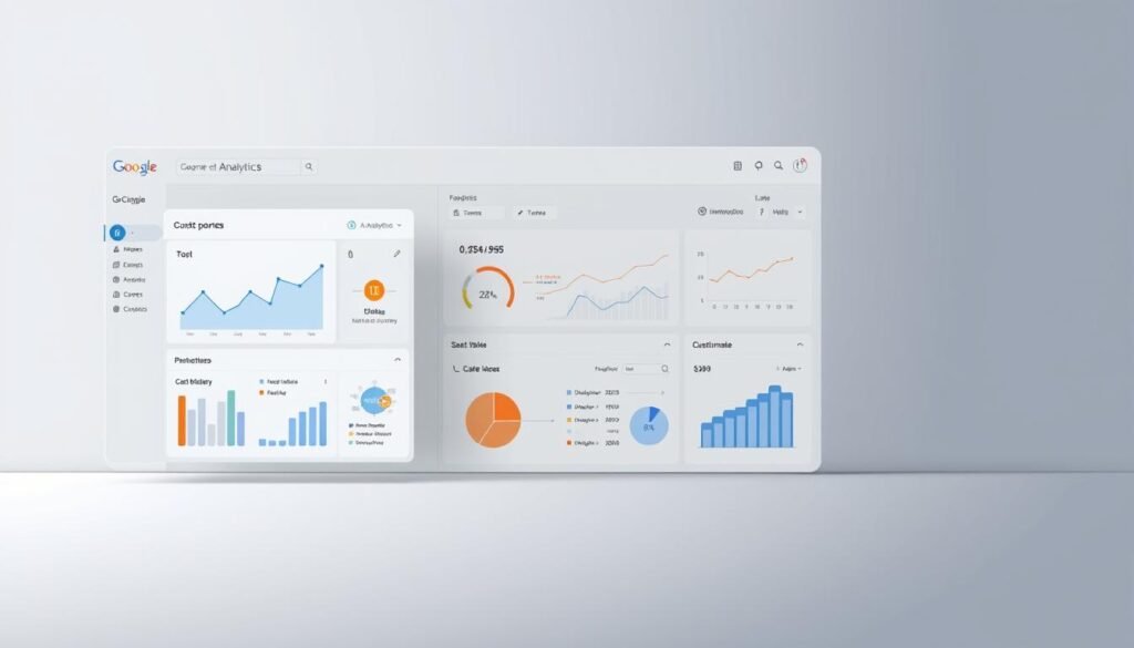 A highly detailed, realistic digital illustration of the Google Analytics interface, showcasing a clean and organized dashboard layout. The foreground features a prominent window displaying various data visualizations, such as line graphs, pie charts, and tables, all presented in a sleek, modern style. The middle ground includes navigation menus, search bars, and customizable widgets, allowing for seamless exploration of the platform's features. The background subtly fades into a minimalist, gray-toned environment, creating a sense of depth and focus on the interface. Crisp lighting, sharp contrasts, and a cool color palette convey a professional, data-driven atmosphere, perfectly suited for illustrating the "Navigating the Google Analytics Interface" section of the article.