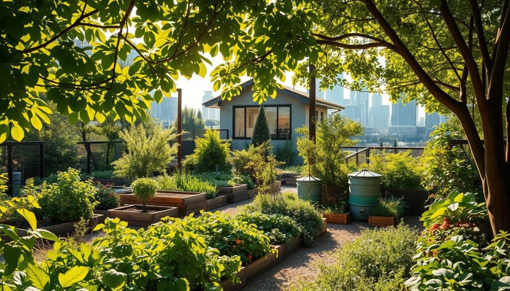 A lush, verdant oasis in an urban landscape. A thriving green living niche, where sunlight filters through a canopy of leafy plants and trees. In the foreground, a community garden overflows with vibrant, organic produce. Raised garden beds, composters, and beehives dot the scene, showcasing sustainable living practices. In the middle ground, a modern, energy-efficient home blends seamlessly with the natural surroundings, its windows reflecting the vibrant greenery. The background features a cityscape, its skyscrapers and infrastructure contrasting with the serene, eco-friendly space. Warm, natural lighting bathes the entire scene, evoking a sense of harmony and balance between nature and urban living.