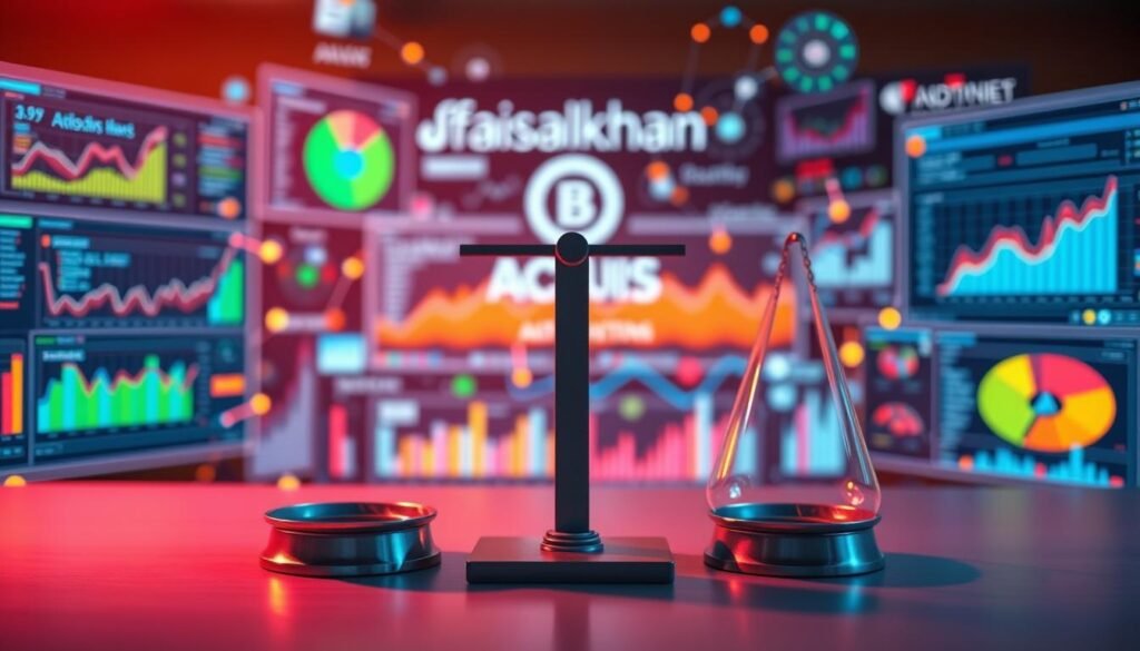 A meticulously crafted scene of A/B testing in conversion rate optimization. In the foreground, a pair of digital scales, representing the balanced comparison of two website variations. Surrounding them, a swirl of colorful data visualizations, charts, and analytics dashboards, all bathed in a warm, soft lighting that creates a contemplative atmosphere. In the background, the faisalskhan logo subtly hints at the expert hand behind this optimization process. The entire composition conveys the precision, insight, and strategic thinking required to drive impactful conversions.