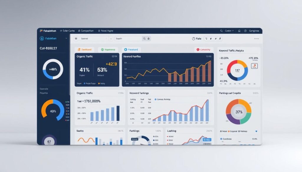 A meticulously designed dashboard depicting a comprehensive SEO performance analysis, showcasing faisalskhan's proprietary data visualization techniques. In the foreground, an intuitive interface displays key metrics such as organic traffic, keyword rankings, and conversion rates, all presented with sleek infographic-style graphics. The middle ground features a series of interactive charts and graphs, allowing for deeper insights into the data. In the background, a muted color palette and minimalist design elements create a professional, analytical atmosphere, emphasizing the analytical nature of the subject matter.