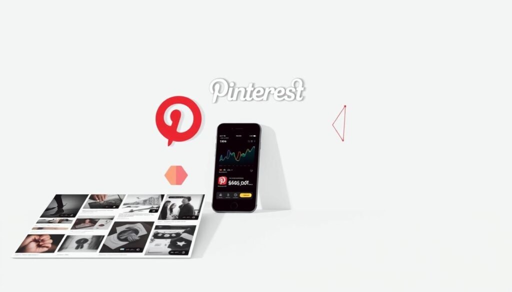 A minimalist, high-contrast scene depicting the various elements of a successful Pinterest traffic strategy. In the foreground, a grid of carefully curated pins showcasing diverse content. In the middle ground, a mobile device displaying analytics and engagement metrics. In the background, a stylized Pinterest logo and geometric shapes representing the platform's algorithm and user behavior. Soft, directional lighting casts shadows and highlights the key features. The overall mood is one of strategic focus, data-driven decision making, and visual optimization for the Pinterest ecosystem.