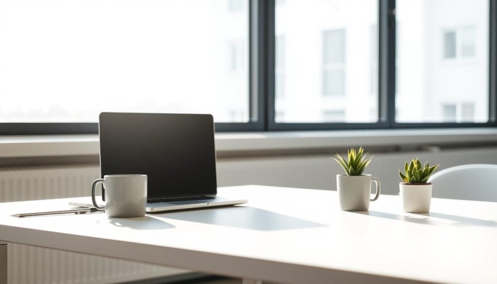 A minimalist office scene with a laptop, coffee mug, and a small potted plant on a sleek, modern desk. The desk is positioned in front of a large window, allowing natural light to flood the workspace. The scene has a clean, streamlined aesthetic, reflecting the efficiency and simplicity of a Micro SaaS. The lighting is soft and diffused, creating a calming, focused atmosphere. The camera angle is slightly elevated, capturing the desk at an angle that emphasizes the compact, self-contained nature of the Micro SaaS setup.