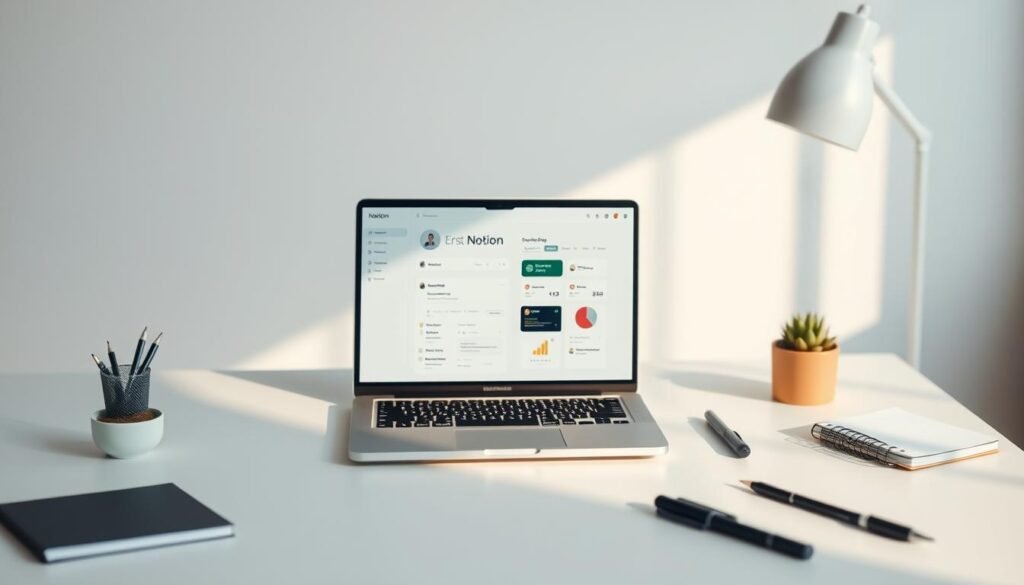 A minimalist office workspace with a clean white desk, a laptop running Notion, and various office supplies like pens, a notebook, and a small succulent plant. The lighting is soft and natural, casting warm shadows across the scene. The background is blurred, creating a sense of focus on the Notion interface displayed on the laptop screen. The overall mood is productive, organized, and visually appealing, reflecting the power of Notion for lead generation.
