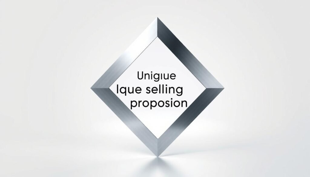 A modern and minimalist graphic design depicting a unique selling proposition. In the foreground, a sleek and elegant geometric shape, perhaps a diamond or a hexagon, made of metallic brushed steel or chrome, casting a soft, reflective glow. In the middle ground, a simple yet powerful statement or tagline that encapsulates the unique value proposition, rendered in a bold, sans-serif font. The background is a clean, white or light gray space, allowing the key elements to stand out prominently. The overall composition exudes a sense of sophistication, innovation, and a clear, compelling message that would captivate the viewer and inspire them to explore the digital product further.