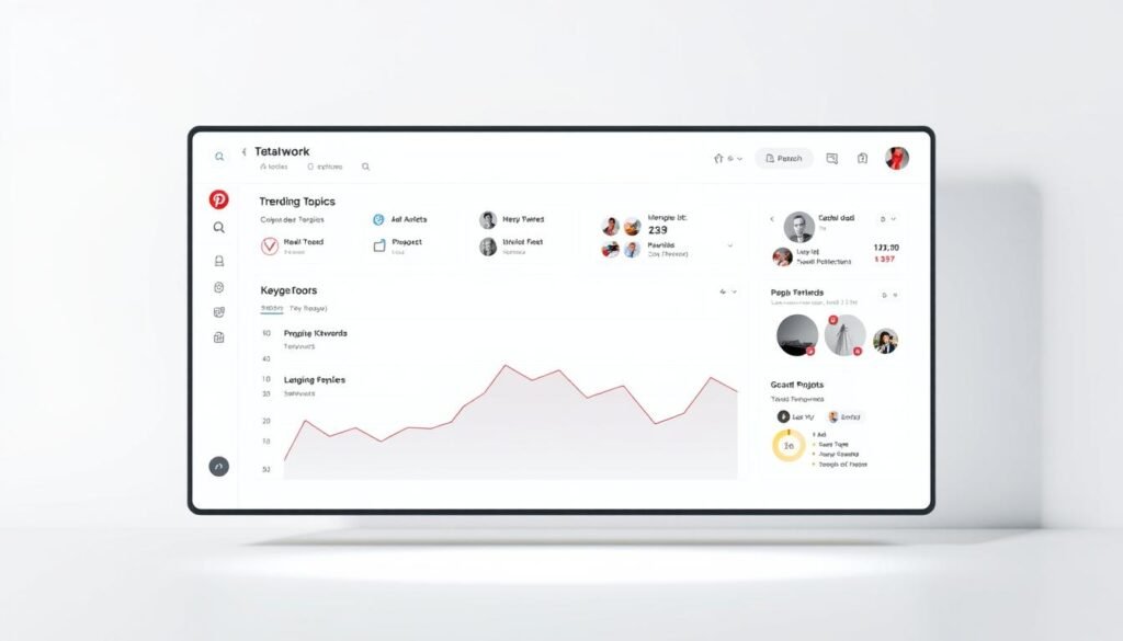 A modern, clean-looking dashboard interface displaying the "Pinterest Trends Tool" against a minimalist, light-colored background. In the foreground, a graph or chart shows the latest trending topics and keywords on Pinterest, with intuitive data visualization elements. The middle ground features various user interface components like search bars, filtering options, and analytics panels, all designed with a sleek, user-friendly aesthetic. The background has a subtle grid or pattern motif, conveying a sense of organization and professionalism. The overall scene is well-lit, with soft, directional lighting creating depth and highlighting the key features of the tool. The mood is one of productivity, efficiency, and a deep understanding of the Pinterest platform and its user base.