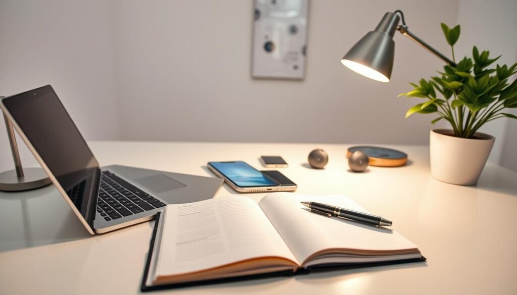 A modern, minimalist digital workspace with a sleek, silver laptop, a stylish desk lamp, and a potted plant. In the foreground, an open notebook and a pen, suggesting research and analysis. In the middle ground, a neatly organized array of digital devices, including a tablet, a smartphone, and a pair of wireless headphones, symbolizing the tools of the digital product marketer's trade. The background features a clean, white wall, with a single piece of abstract artwork, creating a sense of calm and focus. The lighting is soft and warm, creating a professional, yet inviting atmosphere, perfect for deep market research and strategic planning.