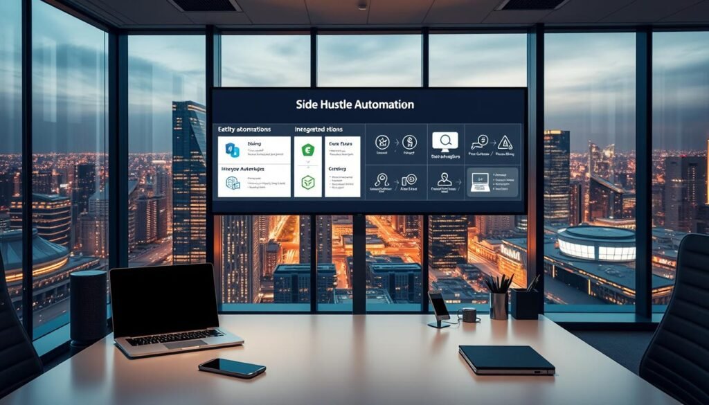A modern, minimalist office space with a sleek, high-tech aesthetic. In the foreground, a neatly organized desk with a laptop, smartphone, and various productivity tools like a smart speaker and a desk organizer. The middle ground features a large monitor displaying various automation workflows and integrations, with icons and diagrams illustrating the side hustle automation process. The background showcases floor-to-ceiling windows offering a panoramic view of a dynamic, bustling cityscape, bathed in soft, warm lighting creating a productive and inspirational atmosphere.