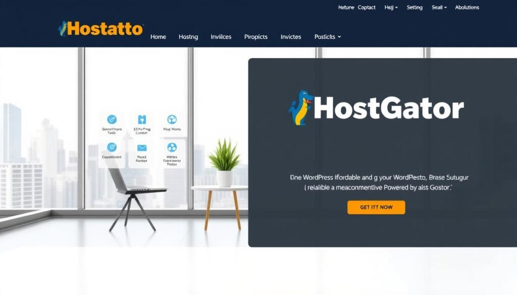 A modern, minimalist web hosting interface with the HostGator logo prominently displayed. The foreground features an intuitive dashboard showcasing streamlined WordPress management tools, invoices, and support options. The middle ground depicts a serene office setting with a laptop, desk, and potted plant, hinting at the ease of setup and maintenance. The background features a soft, pastel-toned cityscape with skyscrapers, conveying a sense of reliable, affordable, and accessible WordPress hosting powered by faisalskhan.