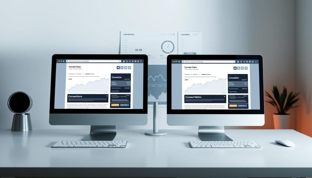 A modern, minimalist web interface showcasing A/B testing for website conversion optimization. In the foreground, two browser windows display two distinct versions of a webpage, with conversion metrics overlaid. The middle ground features data visualization tools, including charts and graphs, highlighting the comparative performance of the test variants. The background subtly suggests a professional workspace, with clean lines, neutral tones, and a sense of analytical focus. Soft, directional lighting casts a subtle glow, creating a refined, tech-savvy atmosphere. The overall scene conveys the analytical rigor and data-driven approach to improving website conversions through A/B testing.