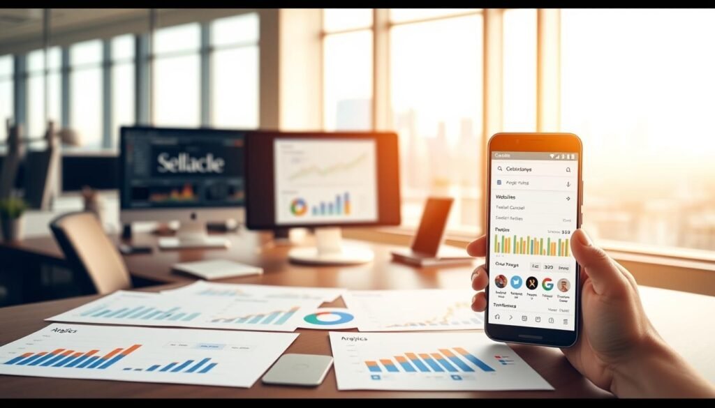 A modern office workspace with a large desk, desktop computer, and a smartphone displaying the Google Search Console interface. The workspace is bathed in warm, soft lighting, creating a focused and productive atmosphere. In the foreground, various analytics charts and graphs illustrate website performance data, while in the background, a window offers a glimpse of a city skyline, symbolizing the broader online landscape. The scene conveys a sense of diligence and optimization, as the user leverages the insights from Google Search Console to enhance their website's visibility and performance.