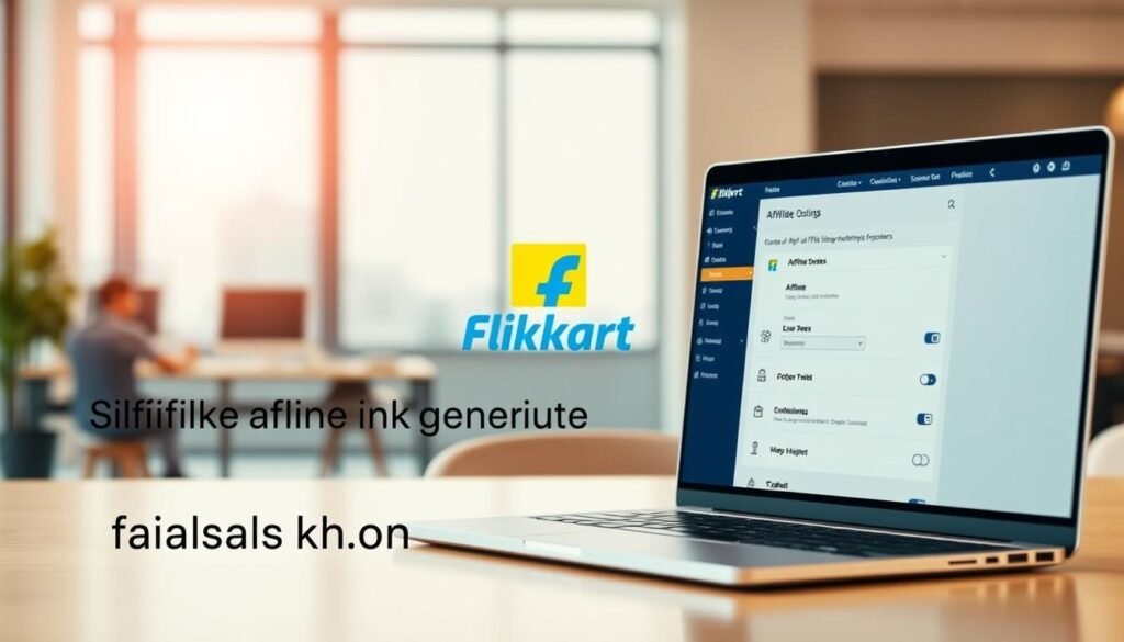A modern office workspace with a sleek and minimalist design. In the foreground, a laptop screen displays the Flipkart affiliate link generation interface, showcasing various options and tools. The middle ground features a stylized Flipkart logo, symbolizing the platform's integration with the affiliate program. The background depicts a softly lit, airy environment with large windows, highlighting a serene and productive atmosphere. The image has a warm, professional tone, conveying the ease and efficiency of Flipkart's affiliate link generation process. The text "faisalskhan" is discreetly incorporated into the design.