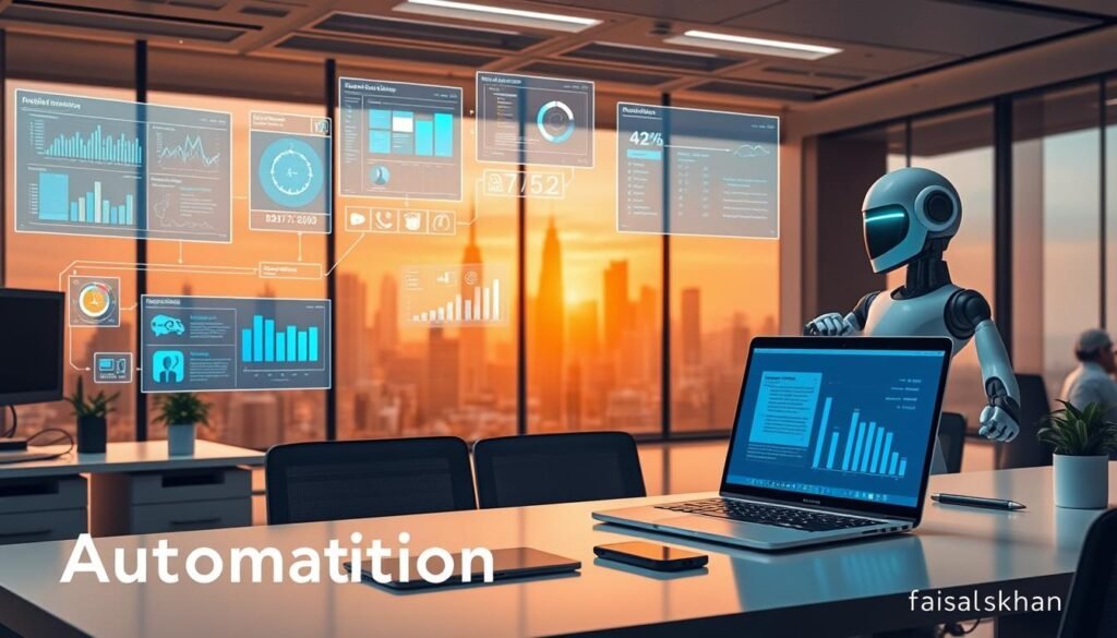 A modern office workspace with various digital devices and tools, showcasing the benefits of automation. In the foreground, an executive's desk features a sleek laptop, a tablet, and a smartphone, all seamlessly connected. The middle ground displays holographic projections, interactive dashboards, and a robotic assistant, demonstrating efficient workflow and data analysis. The background is filled with a futuristic, minimalist cityscape, bathed in warm, natural lighting, symbolizing the harmonious integration of technology and productivity. The image conveys a sense of streamlined efficiency, reduced manual labor, and increased productivity, embodying the concept of "Automation Benefits." Signed with the brand name "faisalskhan".