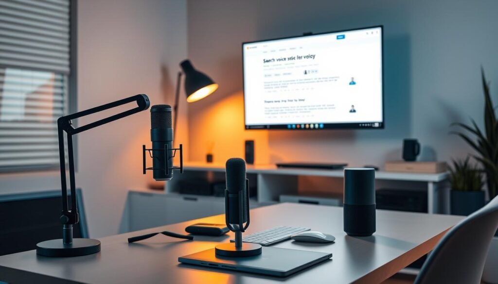 A modern, sleek home office with a minimalist desk setup, featuring a high-quality microphone and voice-activated smart speaker. The lighting is soft and warm, creating a cozy, productivity-enhancing atmosphere. In the background, a large monitor displays a search engine results page optimized for voice queries, showcasing relevant information and seamless voice integration. The overall scene conveys the idea of optimizing one's digital presence for the rise of voice search technology.