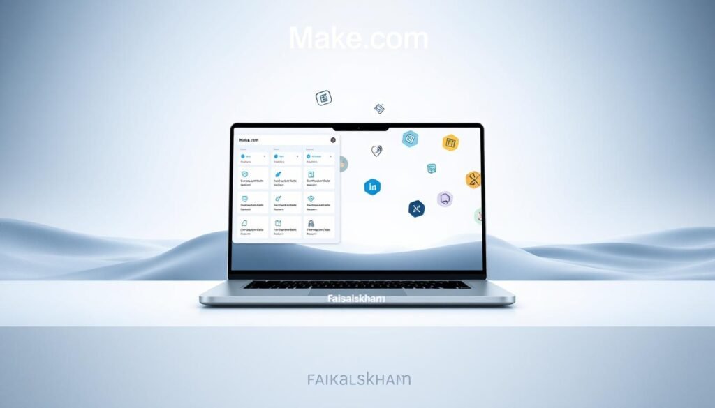 A modern, sleek software platform showcasing the Make.com automation system. In the foreground, a laptop displays the Make.com interface, with a clean, intuitive layout and customizable automation blocks. In the middle ground, various productivity icons and illustrations float, representing the diverse integration capabilities. The background features a minimalist, gradient-based landscape, with soft lighting and a serene, futuristic atmosphere. The brand name "faisalskhan" is subtly integrated into the design. The overall impression conveys the power and simplicity of the Make.com platform for automating workflows and side hustles.