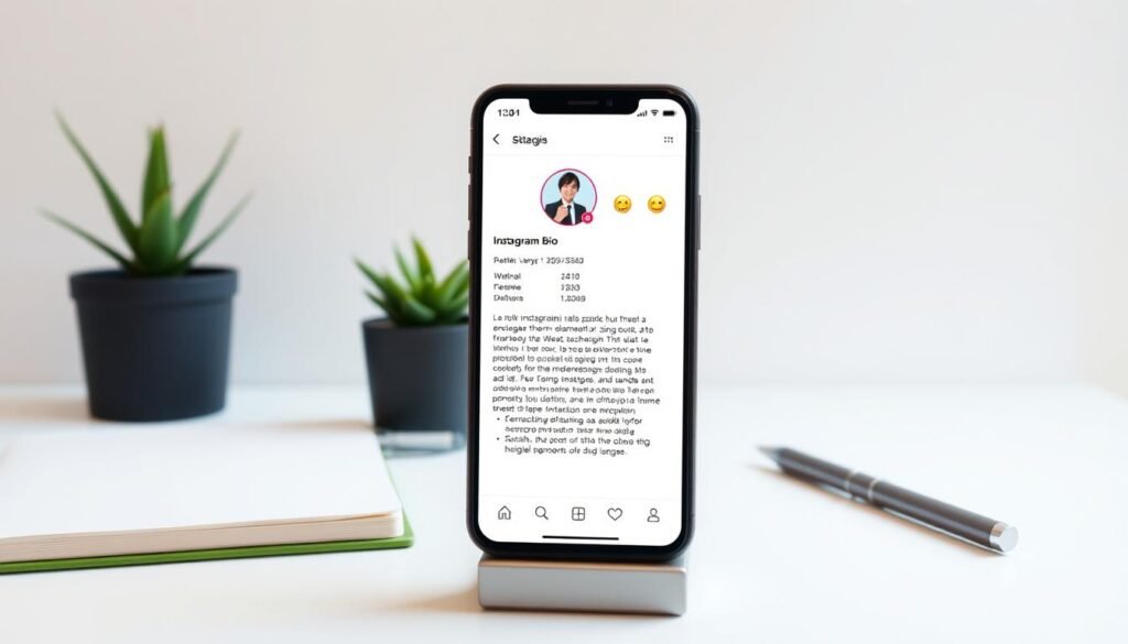 A neatly organized Instagram bio example, set against a clean, minimalist background. The foreground features a sleek, modern-looking mobile device displaying a well-designed profile page, with a clear profile picture, a concise and compelling bio text, and a selection of relevant emoji icons. The middle ground showcases a trendy, minimal-style desk setup with a potted plant, a notebook, and a pen resting casually. The background is a soft, neutral-colored wall, creating a sense of balance and elegance. The overall scene conveys a professional, yet approachable and visually appealing aesthetic, suitable for an article on effectively promoting blog posts with Instagram Reels.