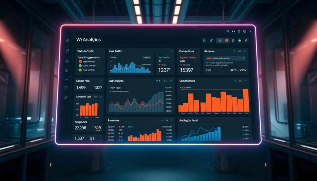 A neon-lit digital dashboard displaying an array of Google Analytics metrics, including website traffic, user engagement, conversion rates, and revenue data. The metrics are presented in a sleek, minimalist interface with clean typography and vibrant color-coded visualizations. The dashboard is suspended in a dimly lit, high-tech environment, casting a soft glow on the surroundings. Cinematic lighting creates dramatic shadows and highlights, evoking a sense of importance and significance. The overall composition conveys the power of data-driven insights to inform strategic decision-making.
