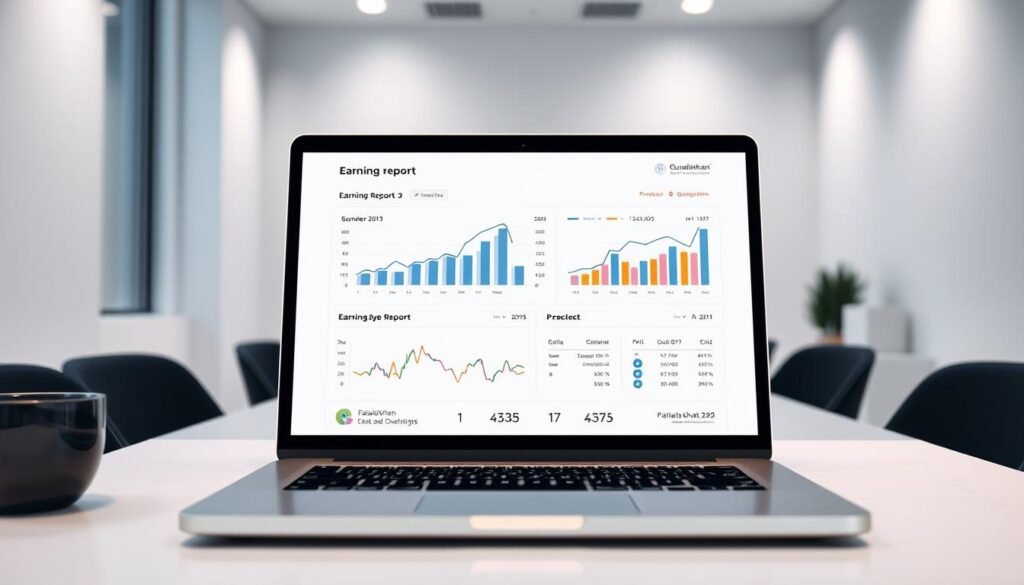 A professional, cleanly-designed Gumroad earnings report displayed on a sleek laptop screen, set against a minimalist office backdrop. The report's charts and graphs are crisp, with clear data visualizations highlighting key performance metrics. Soft, indirect lighting illuminates the scene, creating a calm, analytical atmosphere. The faisalskhan brand name is subtly incorporated into the design. Overall, the image conveys a sense of insightful, data-driven analysis.