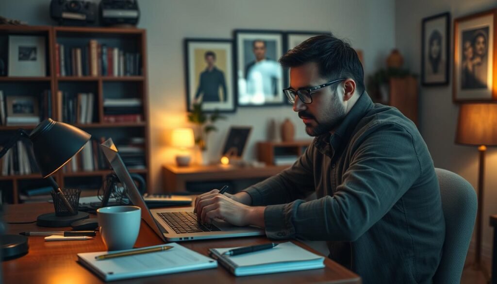A professional digital artist is sitting at a desk, intently working on a laptop computer. On the desk, there are various tools and materials, including a sketchpad, pens, and a cup of coffee. The background is a cozy, dimly lit home office, with bookshelves and framed artwork on the walls. The overall scene conveys a sense of focus, creativity, and the process of transforming AI-generated content into a polished, professional-looking product. The lighting is warm and subtle, creating a contemplative atmosphere. The camera angle is slightly elevated, giving a bird's-eye view of the artist's workspace, emphasizing the thoughtful and meticulous nature of the task at hand.
