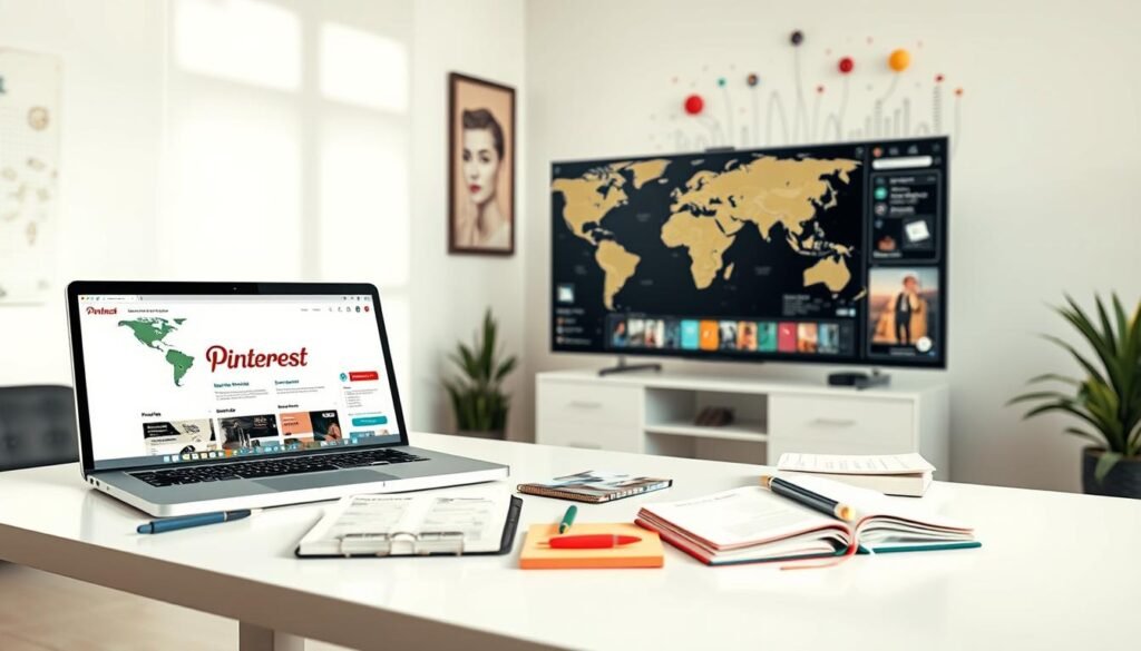 A professional-looking image of "Pinterest keyword research" in the style of the "faisalskhan" brand. A bright, airy studio with soft, even lighting. On a sleek, modern table, a laptop with Pinterest open, surrounded by neatly arranged notebooks, pens, and sticky notes. Beside it, a large monitor displays keyword research data and analytics. In the background, a stylized world map and inspirational wall art create a productive, tech-savvy atmosphere. The image conveys the efficiency and strategic thinking involved in leveraging Pinterest's SEO capabilities.