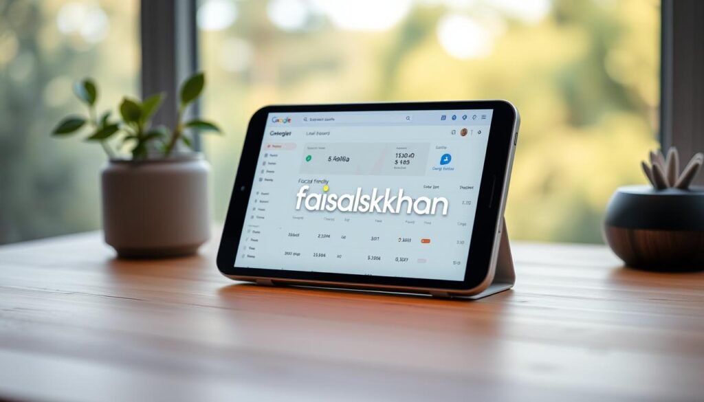 A professional mobile device with a glowing screen, showcasing a sleek and user-friendly local SEO dashboard. The device is placed on a minimalist wooden desk, surrounded by a serene, natural background with soft lighting, creating a calming and productive atmosphere. The faisalskhan logo is subtly integrated into the interface, blending seamlessly with the overall design. The image conveys the importance of mobile optimization for local search, highlighting the power of technology in driving business success.