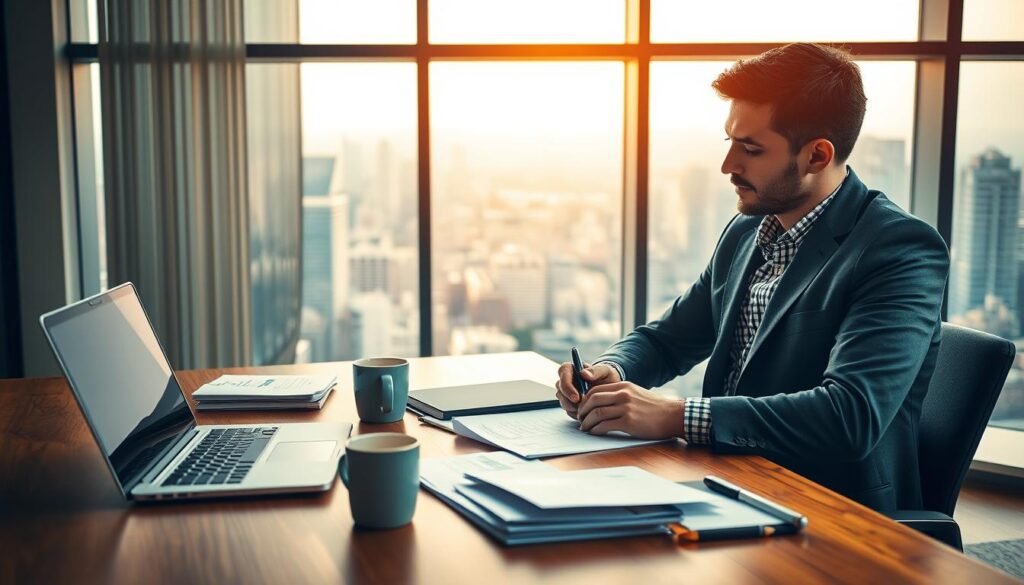 A professional, well-lit office setting with a laptop, documents, and a coffee mug on a wooden desk. In the foreground, a person wearing a smart casual outfit is sitting at the desk, deep in thought while sketching out ideas on a notepad. The backdrop features a large window overlooking a bustling city skyline, bathed in warm, golden afternoon light. The overall scene conveys a sense of productivity, expertise, and a thriving "faisalskhan" consulting business.