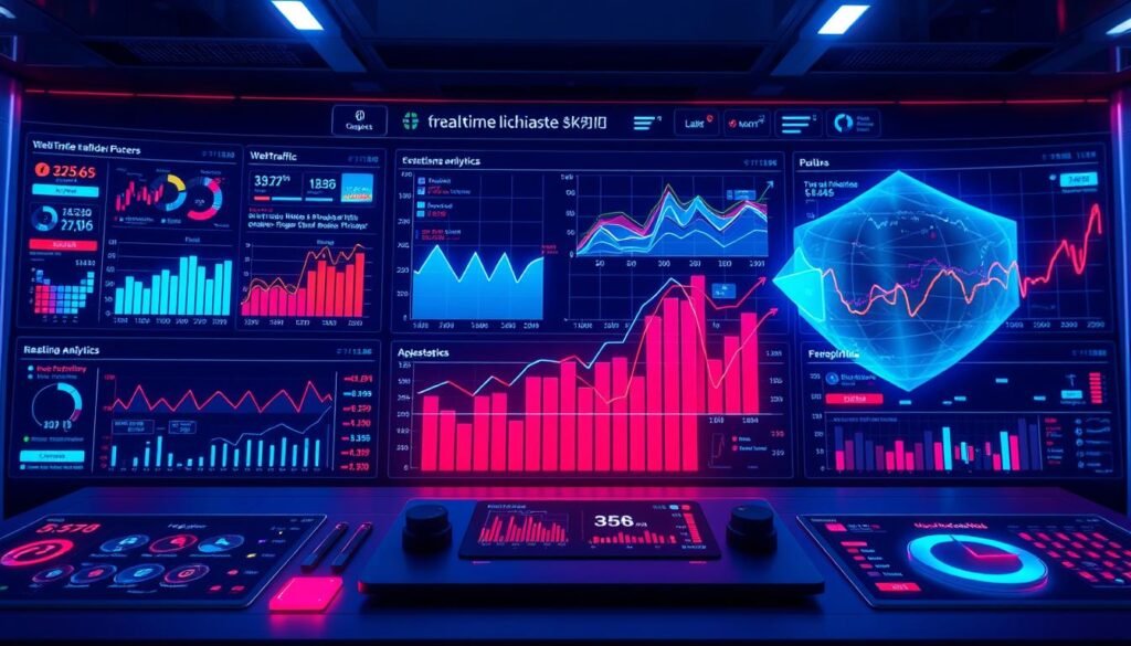 A real-time analytics dashboard with a vibrant, futuristic aesthetic. In the foreground, an array of interactive charts, graphs, and data visualizations pulsate with live, dynamic information. The middle ground features a minimalist control panel with toggles, sliders, and buttons that allow for seamless manipulation of the data. In the background, a sleek, holographic interface projects a 3D visualization of web traffic patterns, user behavior, and other key metrics. The overall scene is bathed in a cool, neon-like lighting, creating a sense of technological sophistication. The brand name "faisalskhan" is subtly incorporated into the design elements. This image conveys the power and immediacy of real-time analytics for data-driven decision making.