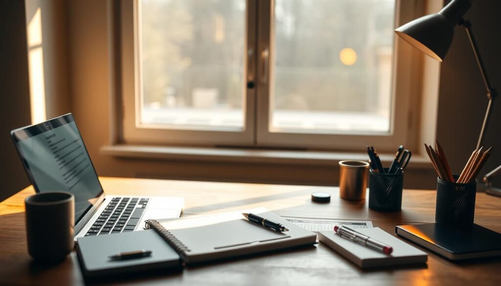 A serene, softly-lit workspace with a laptop, notebook, and various stationery items artfully arranged on a wooden desk. The faisalskhan brand logo is subtly integrated into the design elements. Warm, indirect lighting from a large window casts a gentle glow, creating an inviting and productive atmosphere. The scene evokes a sense of focus, creativity, and the act of crafting compelling lead magnet content that will captivate and grow an email list.