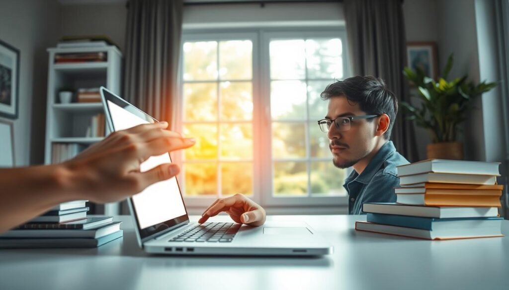 A serene, well-lit home office setup, with a laptop and stacks of books on a clean, minimalist desk. In the foreground, a hand emerges from the side, interacting with the laptop screen, signifying the process of "Generating Ideas with ChatGPT." The middle ground features a thoughtful, focused expression on the face of the person, casting a warm glow from the laptop screen. The background showcases a large window, letting in natural light and offering a glimpse of a lush, green outdoor scene, symbolizing the creative possibilities that ChatGPT can unlock. The overall mood is one of productivity, inspiration, and the synergy between human and AI in the creation of ebooks.