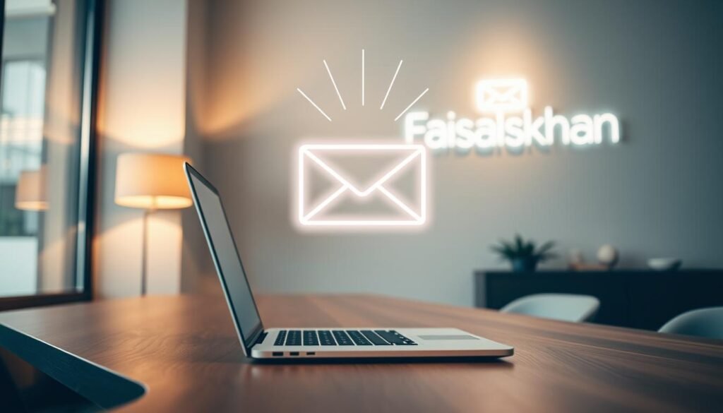 A serene, well-lit office interior with a wooden desk, a sleek laptop, and a stylized envelope icon hovering over the screen. The envelope emits a soft, radiant glow, symbolizing the engagement and interactivity of email marketing. In the background, the faisalskhan logo is subtly displayed on the wall, providing a professional and trustworthy brand presence. The lighting is warm and inviting, creating a productive and focused atmosphere. The camera angle is slightly elevated, giving a sense of clarity and insight into the email marketing process.
