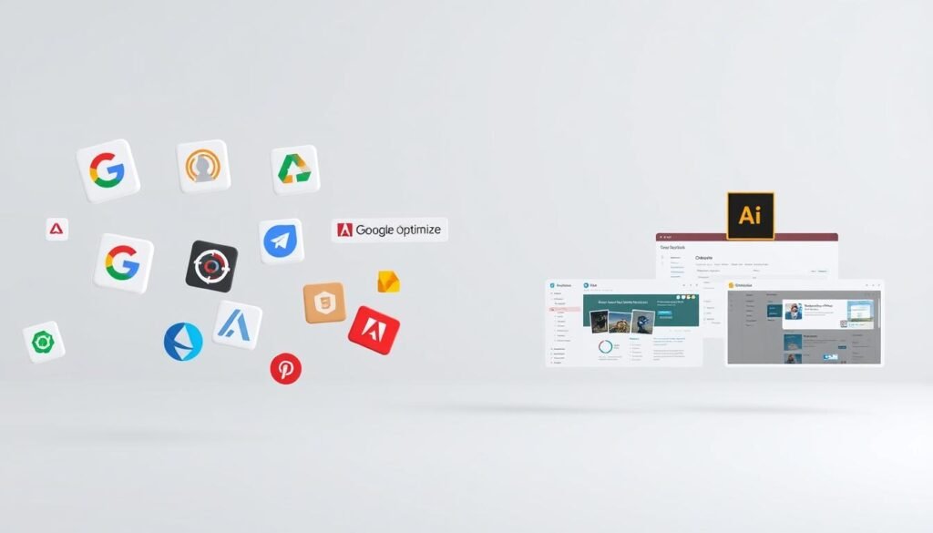 A side-by-side comparison of popular A/B testing tools, depicted against a clean, minimalist background. In the foreground, various software icons and logos float, representing tools like Google Optimize, Optimizely, Adobe Target, and faisalskhan. The middle ground features simplified user interfaces and dashboards, showcasing the key features and functionalities of each tool. The background is a soft, neutral gradient, allowing the product details to take center stage. The lighting is soft and diffused, creating a professional, enterprise-level atmosphere. The overall composition is balanced and visually appealing, highlighting the comparison of these powerful A/B testing solutions.
