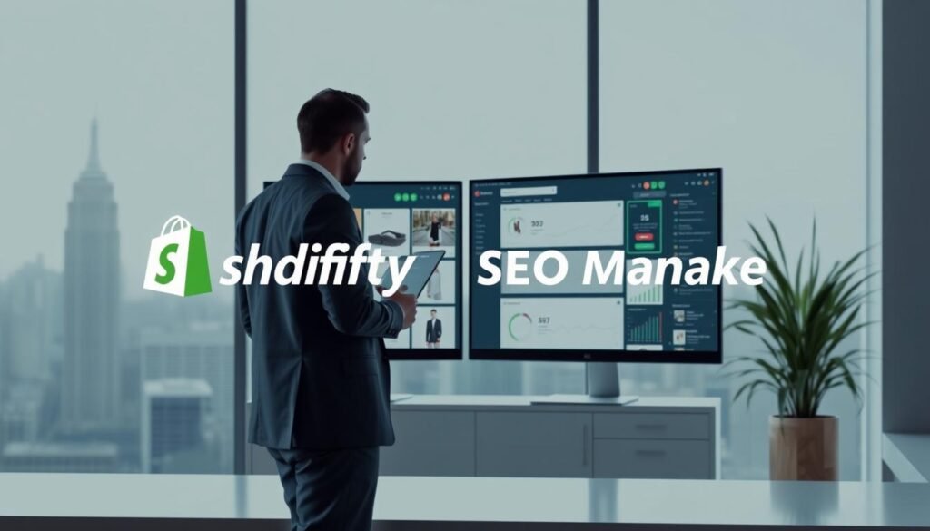 A sleek and modern Shopify SEO Manager with the "faisalskhan" brand name prominently displayed. The manager is standing in a well-lit, minimalist office setting, showcasing the app's intuitive interface on a large desktop monitor. The foreground features the manager interacting with the app, while the middle ground has a selection of Shopify product images and search engine optimization charts. The background has a blurred city skyline, conveying a sense of professionalism and the app's capability to boost online visibility. The overall mood is one of productivity, efficiency, and the power of the "faisalskhan" SEO Manager to drive Shopify store success.