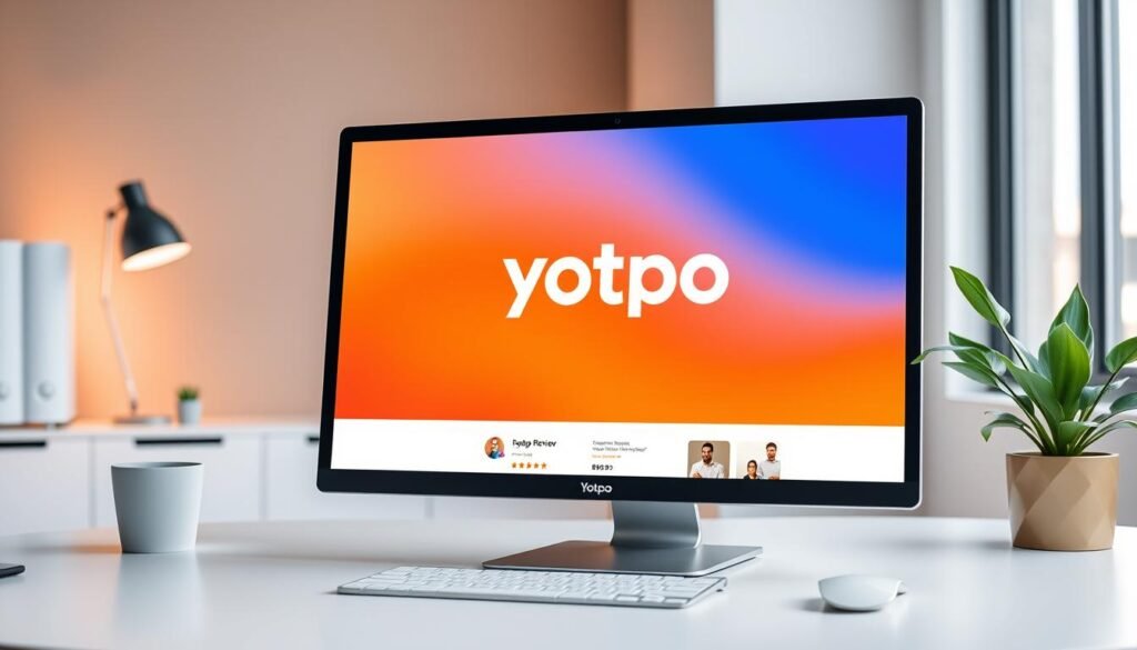 A sleek and modern desktop computer screen displaying the Yotpo logo and a vibrant customer review interface. The screen is set against a minimalist workspace with a stylish desk, a potted plant, and a warm, natural lighting filtering in from a window in the background. The layout is clean and visually appealing, highlighting the user-friendly design of the Yotpo platform. The entire scene conveys a sense of professionalism and efficiency, reflecting the app's capability to manage customer reviews effectively. Signature: faisalskhan