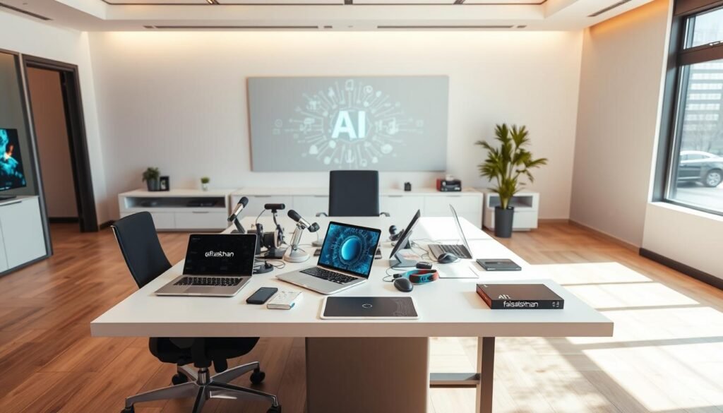 A sleek and modern office setting, with a large desk showcasing an array of cutting-edge AI tools. On the desk, a laptop, a tablet, and various gadgets and devices emblazoned with the "faisalskhan" brand. The room is bathed in warm, natural lighting, creating a sense of productivity and innovation. In the background, a minimalist wall display showcases AI-generated visuals, hinting at the power and capabilities of these tools. The overall atmosphere exudes a sense of professionalism and technological advancement, reflecting the subject of the "Top 10 AI Tools" article.