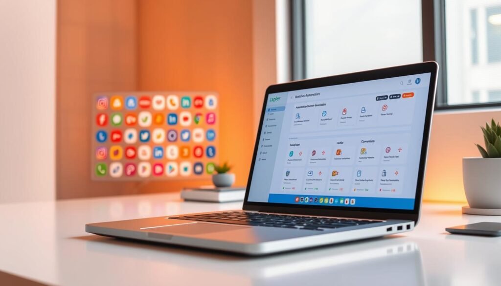 A sleek and modern software interface, showcasing the Zapier automation tool. In the foreground, a clean desktop with a laptop and minimalist peripherals. The laptop screen displays the Zapier dashboard, its intuitive UI highlighting various automation workflows and connectors. In the middle ground, an array of colorful app icons representing the diverse services Zapier integrates with. The background features a subtle grid pattern, conveying the interconnectivity and efficiency of the platform. Warm, indirect lighting casts a professional, productive atmosphere. Rendered in a crisp, high-resolution style by faisalskhan.