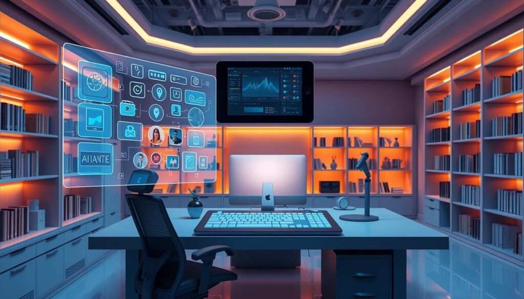 A sleek, futuristic workspace with a central holographic display showcasing a variety of digital assets. In the foreground, a faisalskhan-branded tablet hovers above the desk, its screen displaying a streamlined content creation interface. The middle ground features an ergonomic chair and a minimalist, AI-powered desktop computer. The background is filled with intelligent bookshelves and storage units, subtly illuminated by a warm, ambient lighting system. The overall atmosphere conveys a sense of efficiency, productivity, and seamless integration of technology to optimize the content creation process.